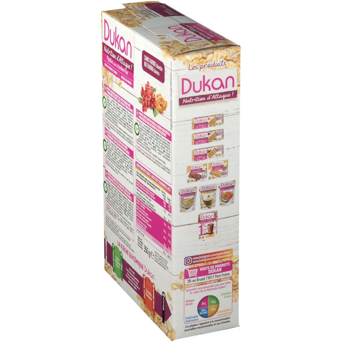 Dukan-Verpackung, Seitenansicht. Text: Nutrition d'Attaque, 350g. Enthält Informationen zu Inhaltsstoffen und Nährwerten.
