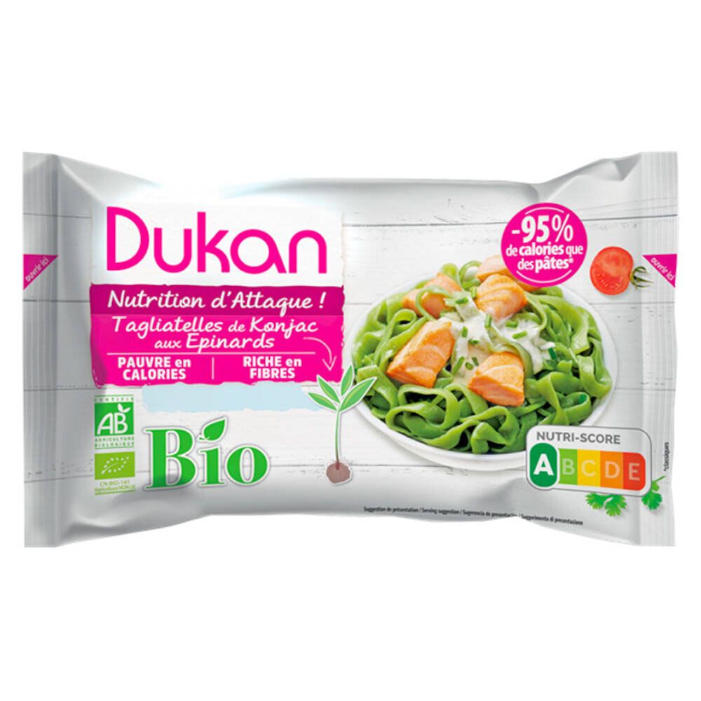 Verpakking Dukan Bio-Konjac-Tagliatelle met spinazie. Groene pasta met tomaten en saus. Tekst: Bio, -95% calorieën.