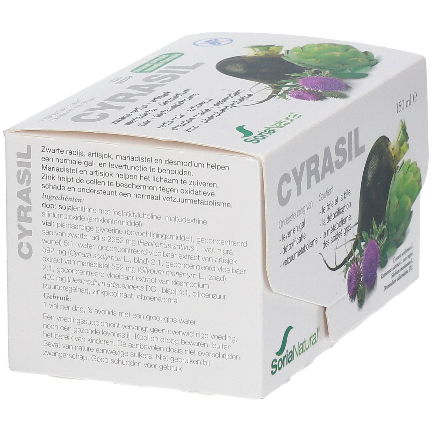 Doosje Cyrasil met tekst in het Nederlands. Merk Soria Natural. Illustraties van groenten en planten.