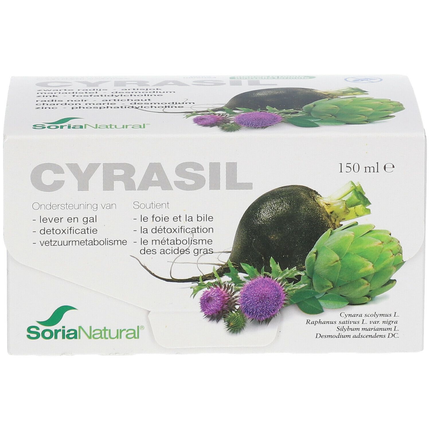 Doosje Cyrasil met productnaam, illustraties van groenten en planten. Merk Soria Natural.