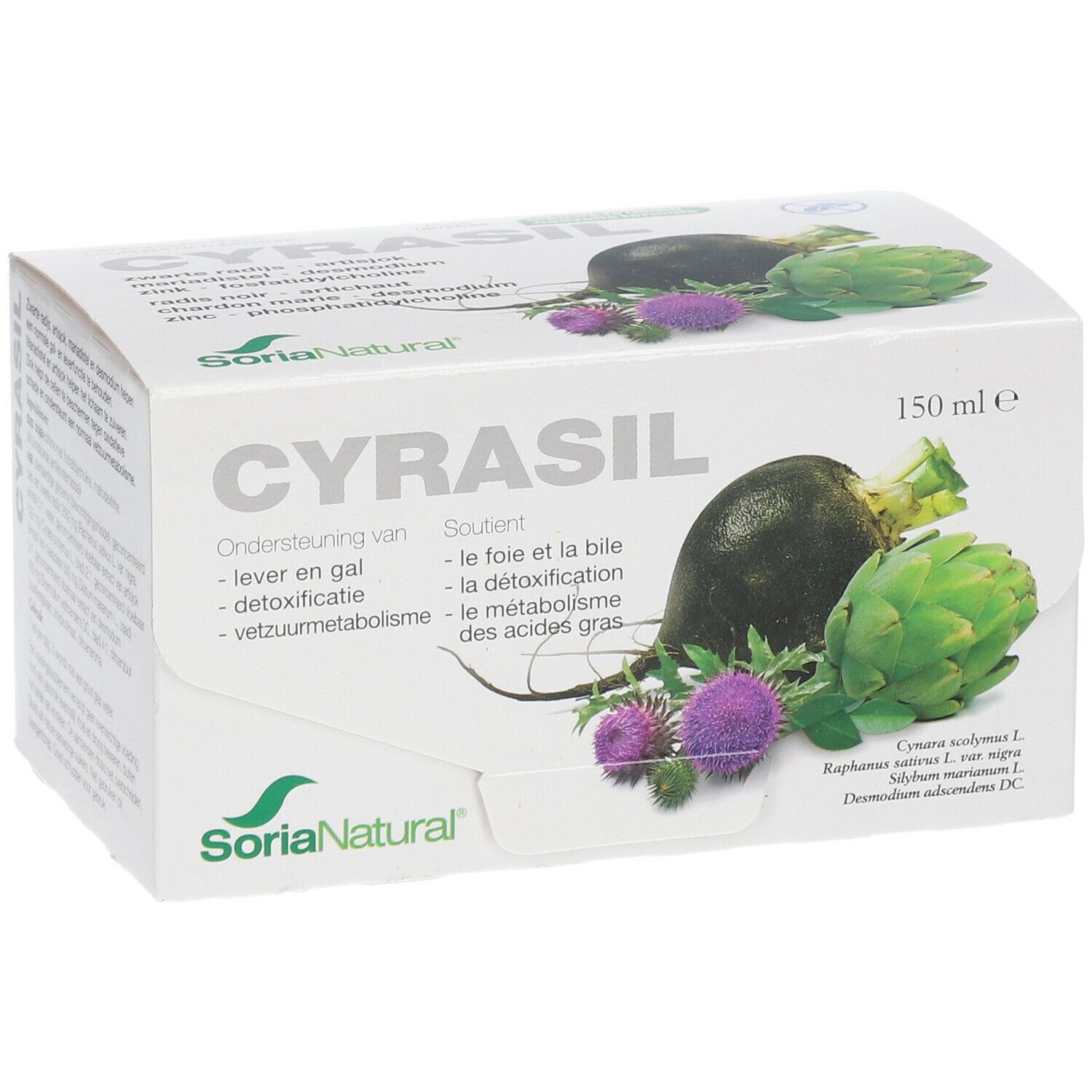 Doosje Cyrasil met productnaam, illustraties van groenten en planten. Merk Soria Natural.
