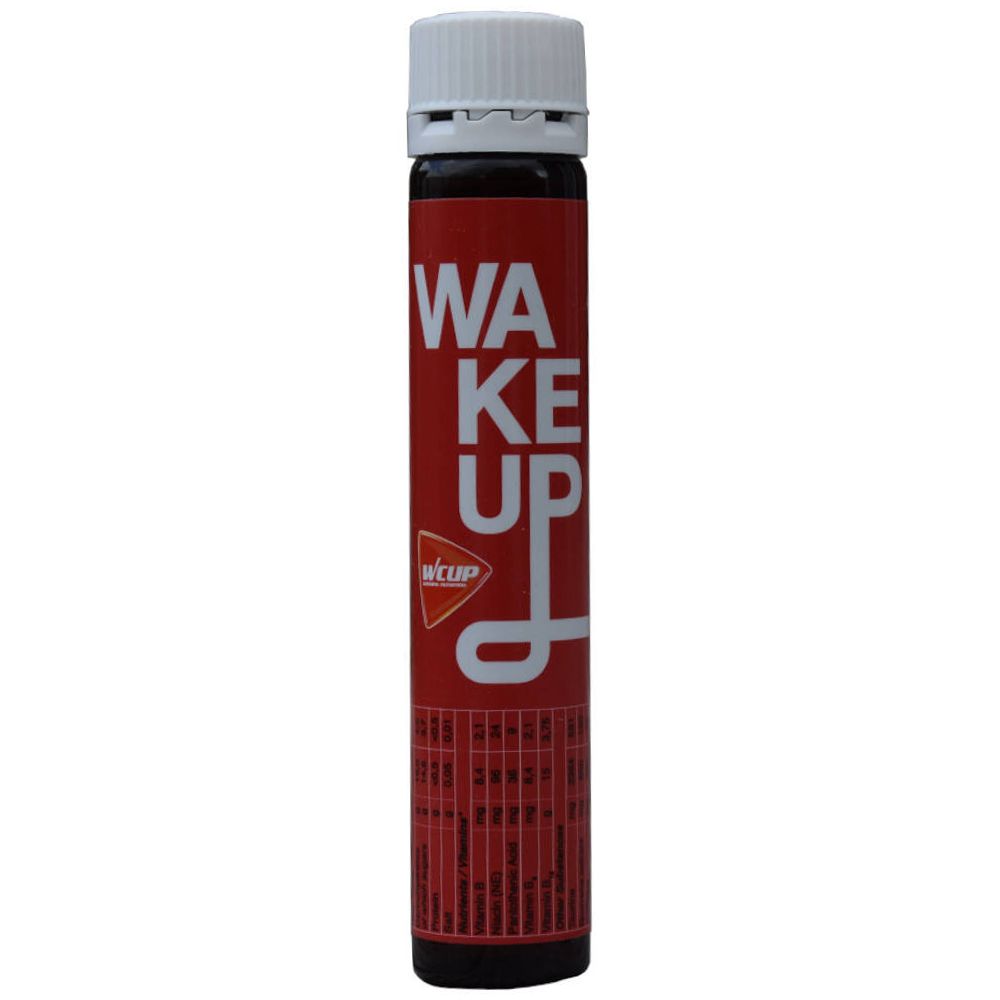 Flacon rouge avec bouchon blanc. Inscription: WAKE UP. Marque: wcup.