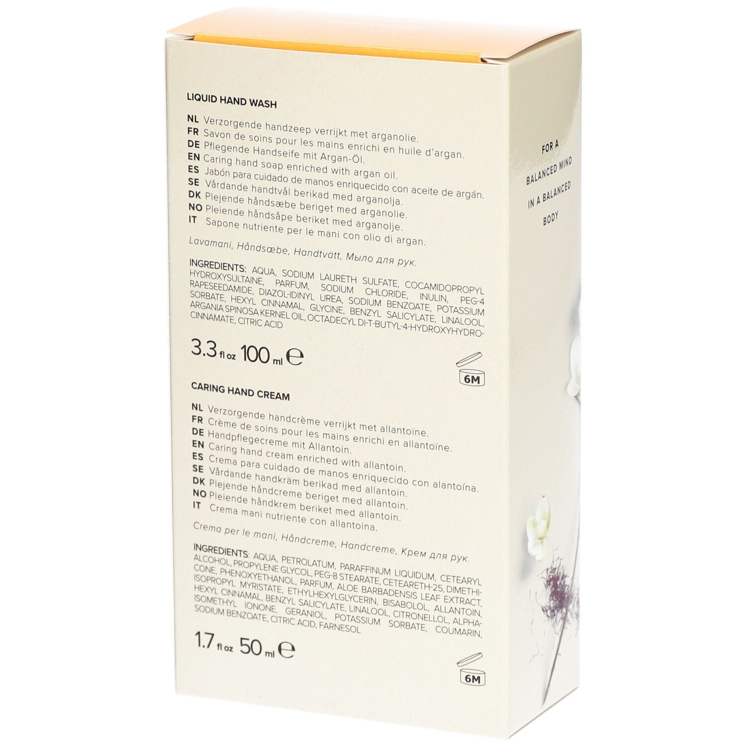 Dos du coffret cadeau avec informations sur le produit. Contient du texte en plusieurs langues, dont le français et l'anglais. Ingrédients et tailles.