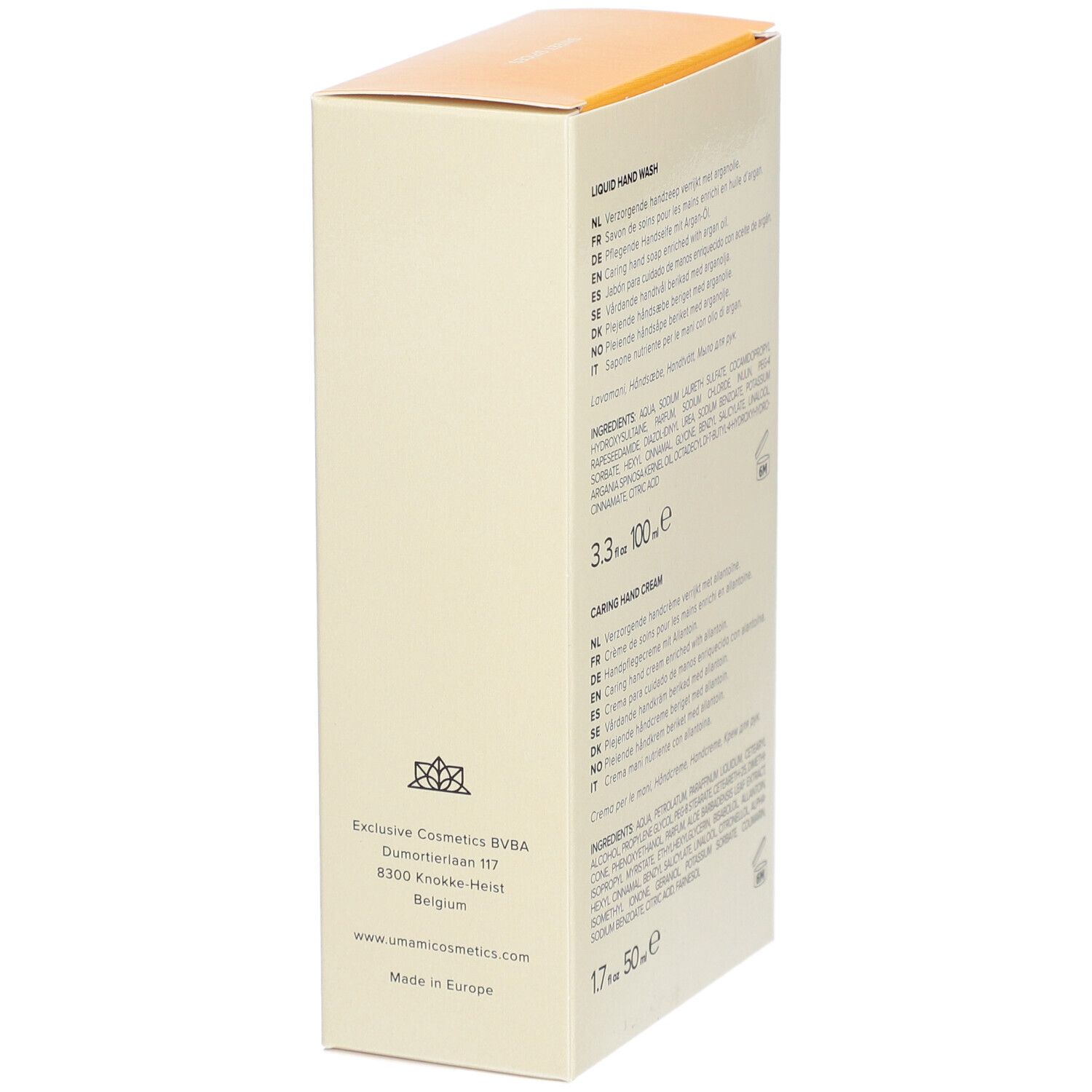 Dos du coffret cadeau avec informations sur le produit. Contient du texte en plusieurs langues, dont le français et l'anglais. Adresse du fabricant et pays d'origine.