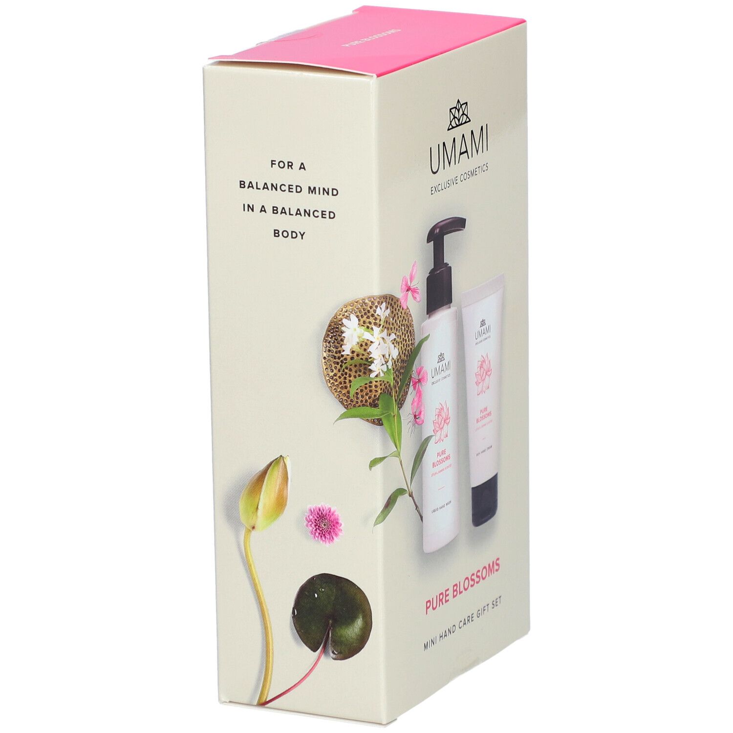 Handverzorgingsgeschenkset. Op de zijkant: Umami, Pure Blossoms, Mini Hand Care Gift Set. Illustratie van lotusbloem en jasmijn.