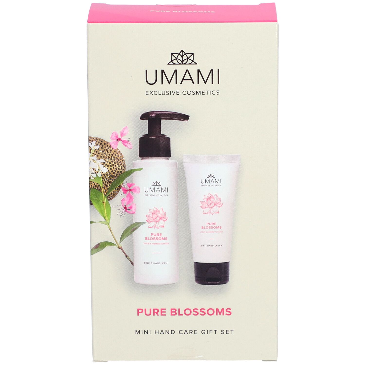 Handverzorgingsgeschenkset. Bevat een fles met pomp en een tube. Opschrift: Umami, Pure Blossoms, Mini Hand Care Gift Set.