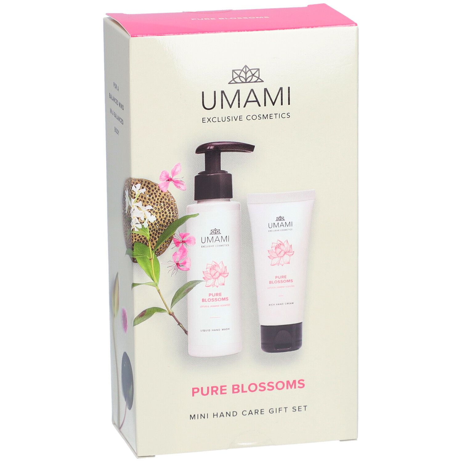 Handverzorgingsgeschenkset. Bevat een fles met pomp en een tube. Opschrift: Umami, Pure Blossoms, Mini Hand Care Gift Set.