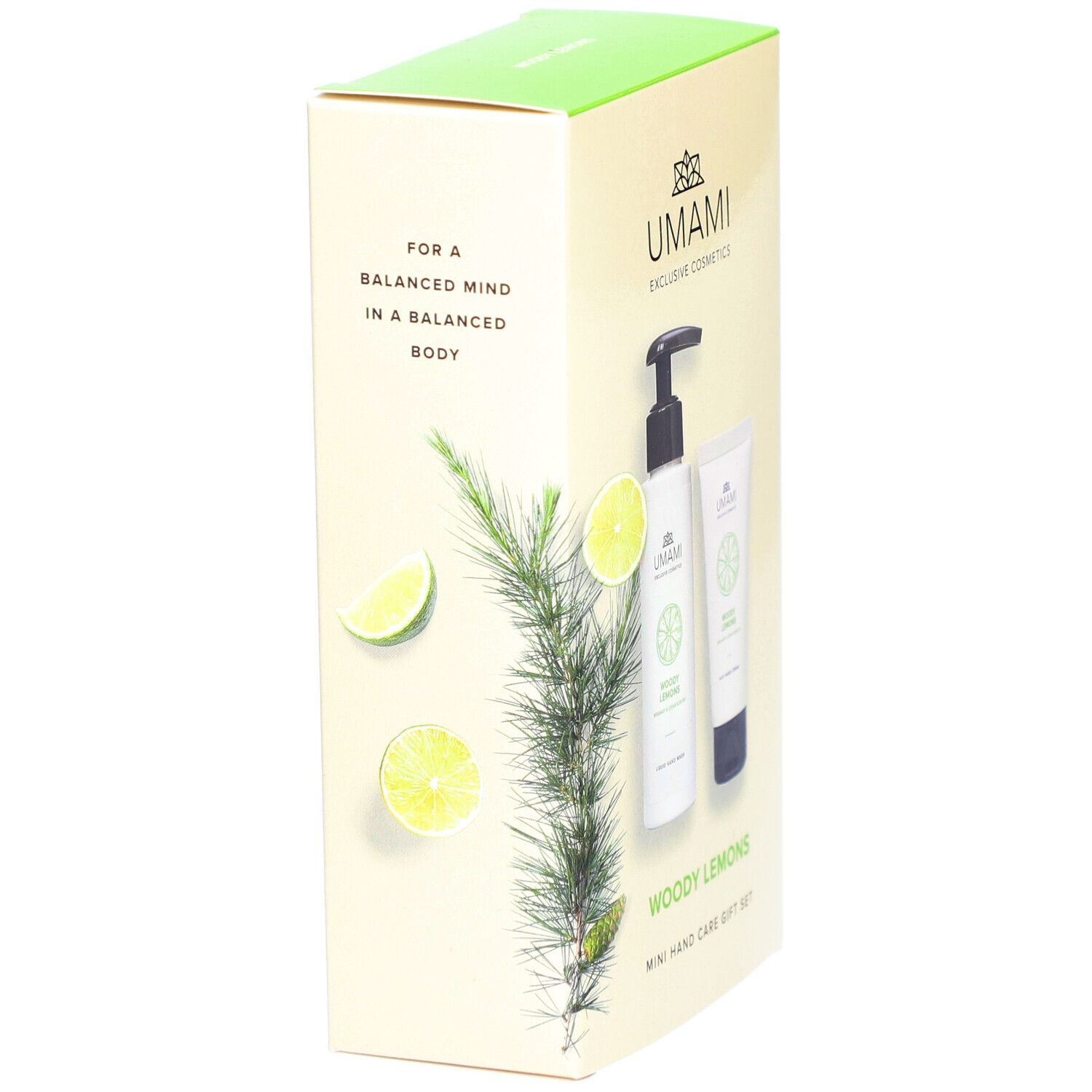 Kartonverpackung mit Logo und Produktnamen. Abgebildet sind Handseife und Handcreme. Text: "For a balanced mind in a balanced body".