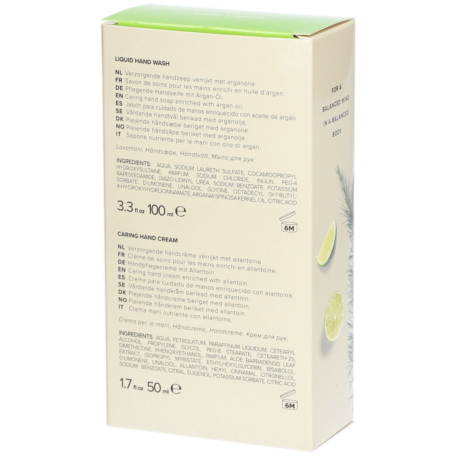 Rückseite der Verpackung mit Produktinformationen in mehreren Sprachen. Enthält Inhaltsstoffe und Größenangaben.