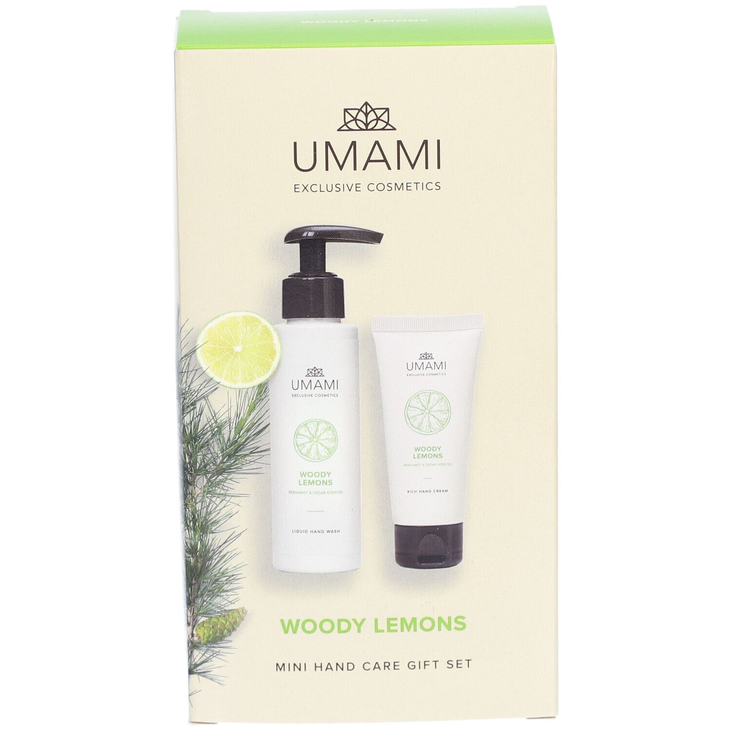 Geschenkset mit Handseife und Handcreme in einer Kartonverpackung. Logo und Produktname deutlich sichtbar.