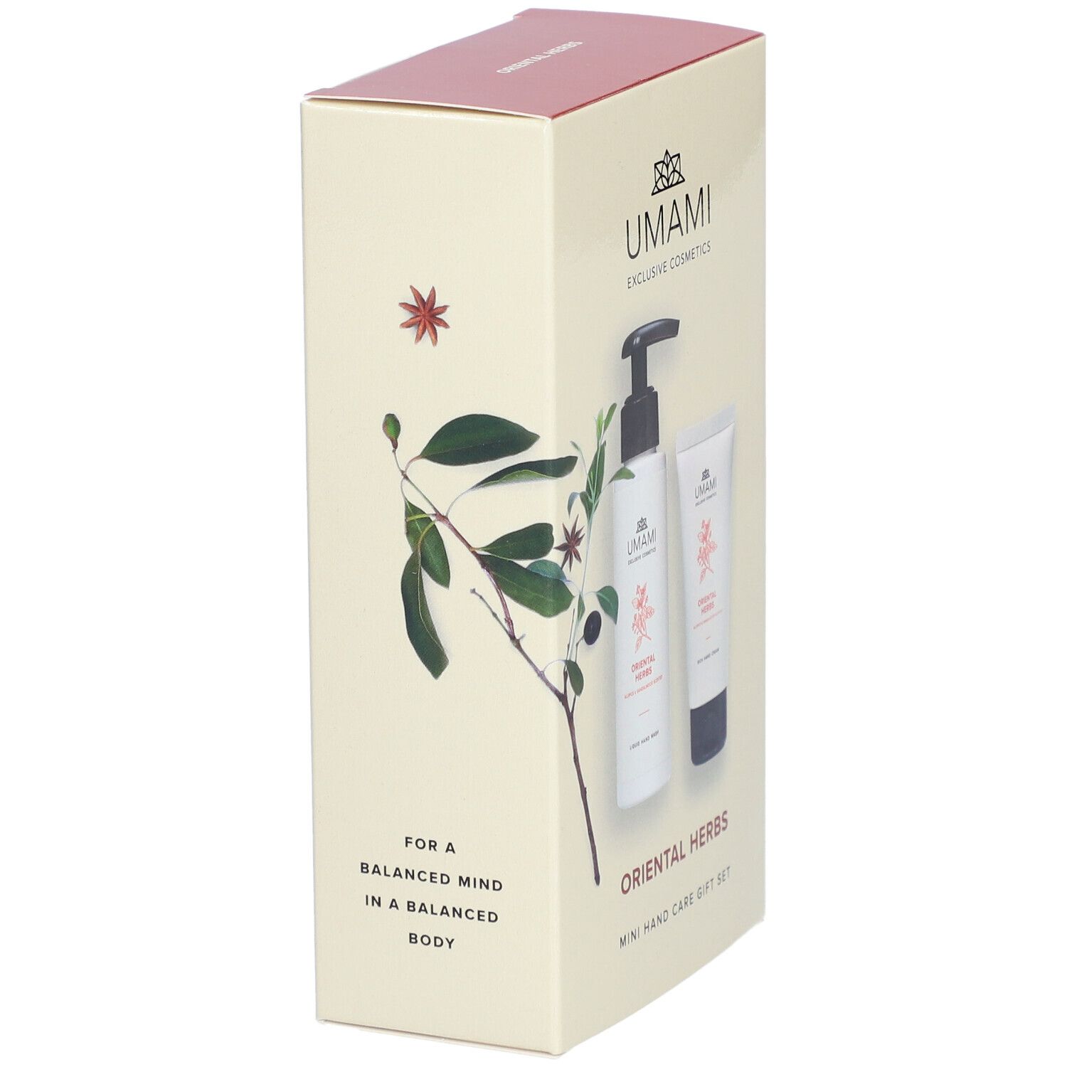 Geschenkbox mit zwei Produkten. Aufdruck: UMAMI, ORIENTAL HERBS, MINI HAND CARE GIFT SET. Zweig mit Blättern und Stern.