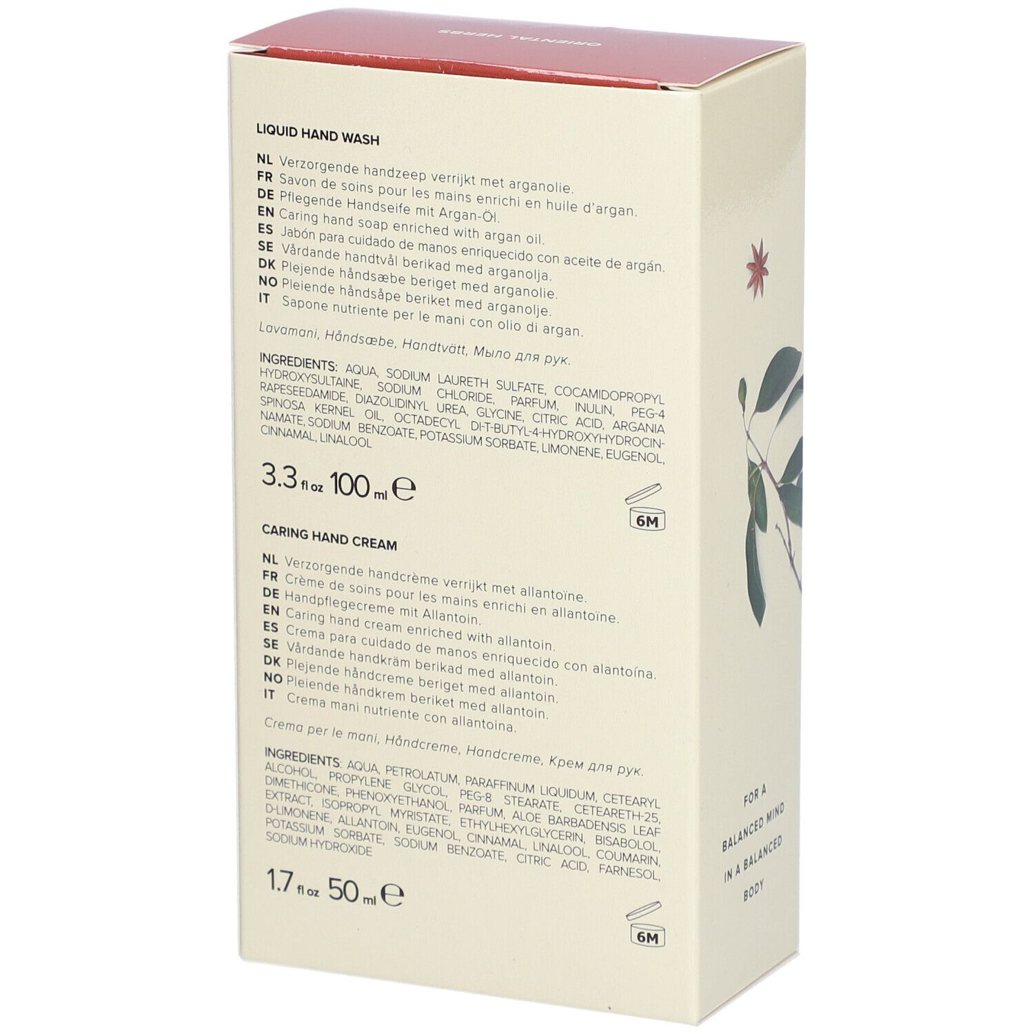 Rückseite der Geschenkbox. Text in mehreren Sprachen. Inhaltsstoffe, Größenangaben. Aufdruck: 6M. Herstelleradresse.