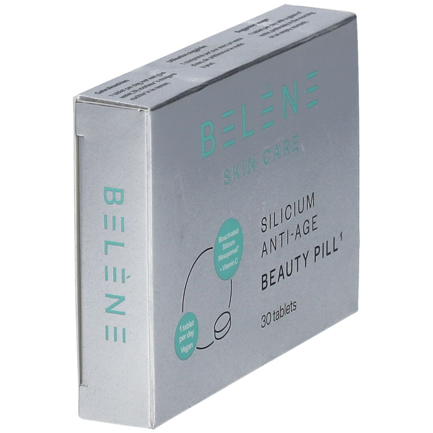 Schachtel BELÈNE Skin Care Silizium Anti-Age Beauty Pill. Türkis Text und Logo auf Silber. 30 Tabletten. Schrägansicht.