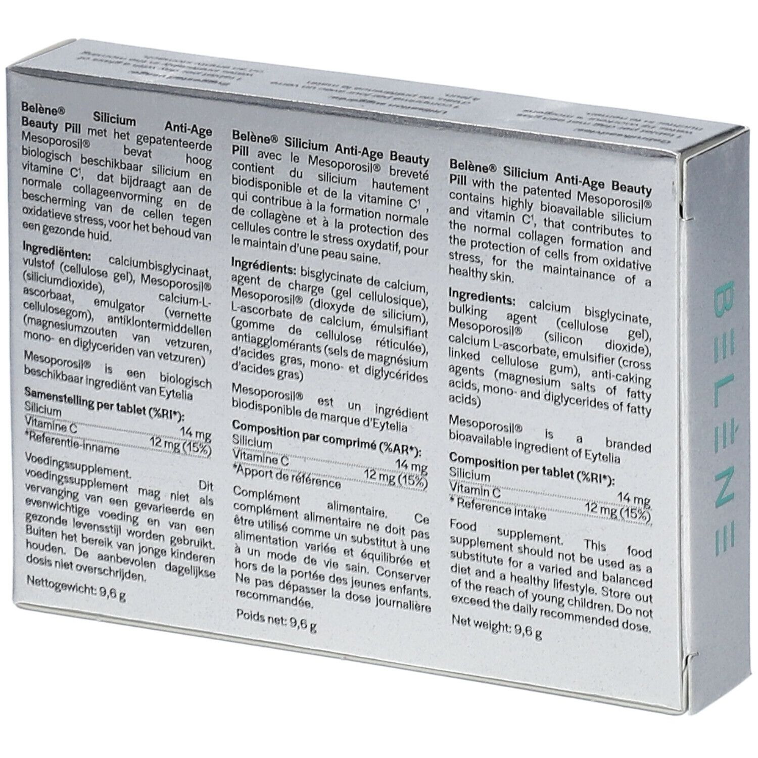 Rückseite der Schachtel BELÈNE Skin Care Silizium Anti-Age Beauty Pill. Text in mehreren Sprachen. Inhaltsstoffe und Informationen.