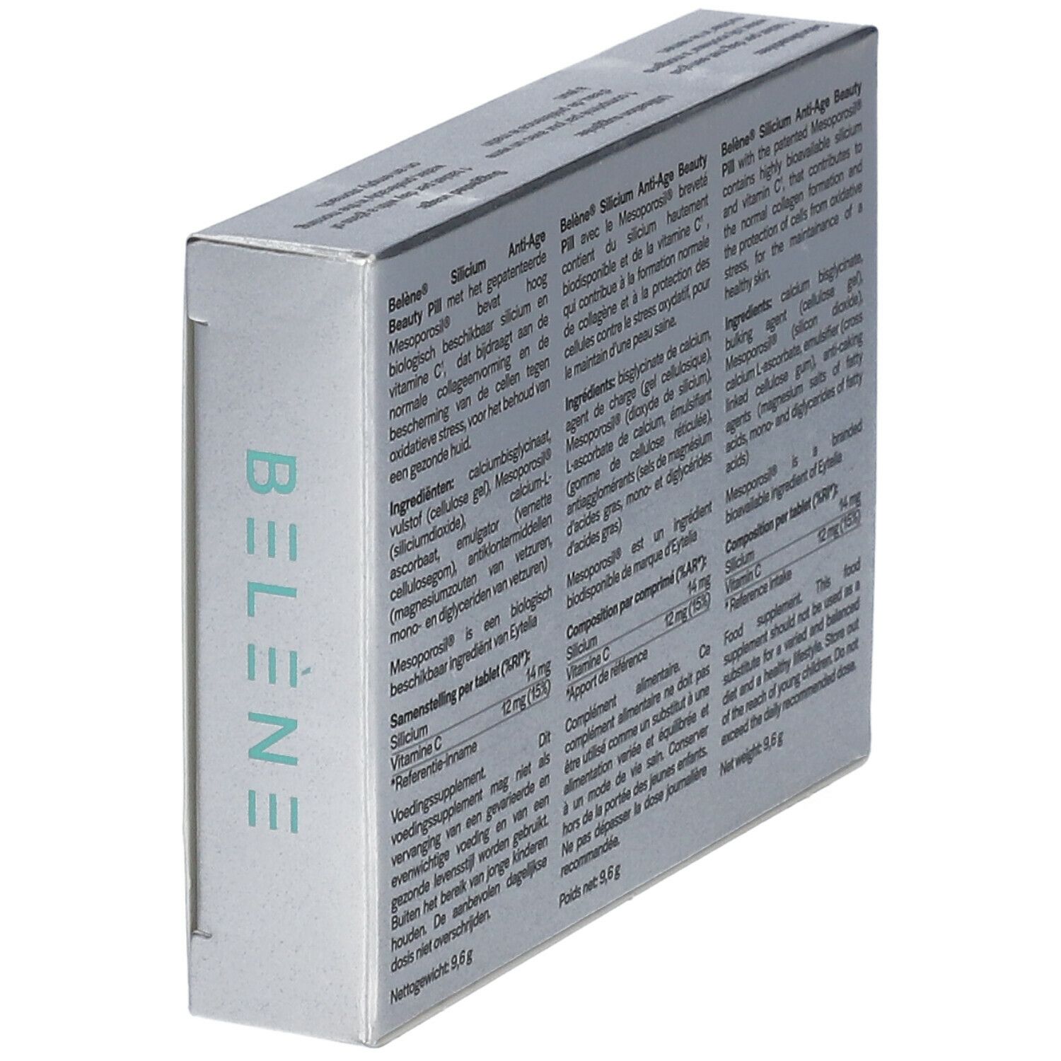 Rückseite der Schachtel BELÈNE Skin Care Silizium Anti-Age Beauty Pill. Text in mehreren Sprachen. Schrägansicht.
