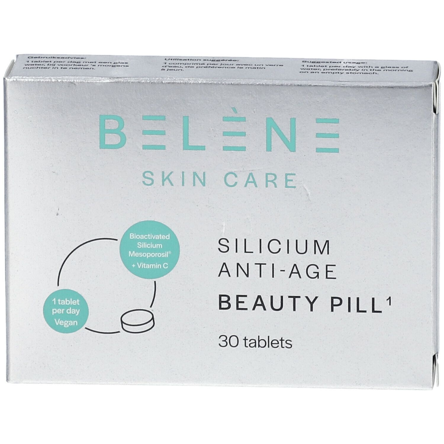 Schachtel BELÈNE Skin Care Silizium Anti-Age Beauty Pill. Türkis Text und Logo auf Silber. 30 Tabletten. Draufsicht.
