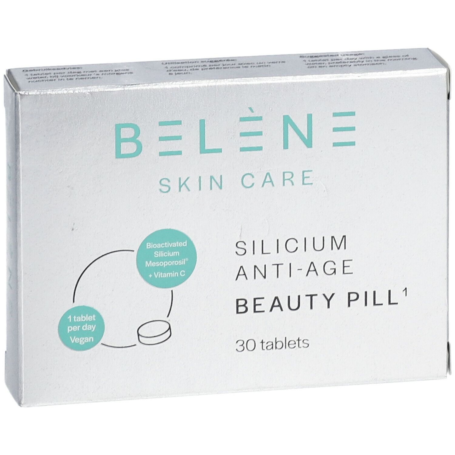Schachtel BELÈNE Skin Care Silizium Anti-Age Beauty Pill. Türkis Text und Logo auf Silber. 30 Tabletten. Schrägansicht.