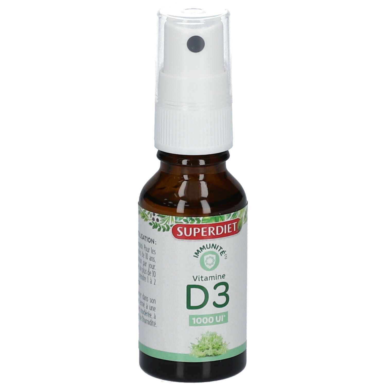 Flacon en verre brun avec vaporisateur blanc. Étiquette "SUPERDIET", "D3 1000 UI".