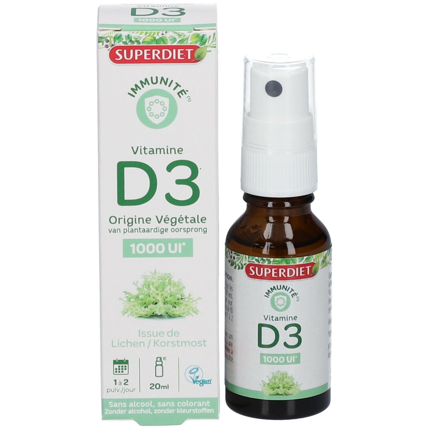 Emballage du produit avec flacon et boîte. Flacon avec "D3 1000 UI". Boîte avec "Origine Végétale".