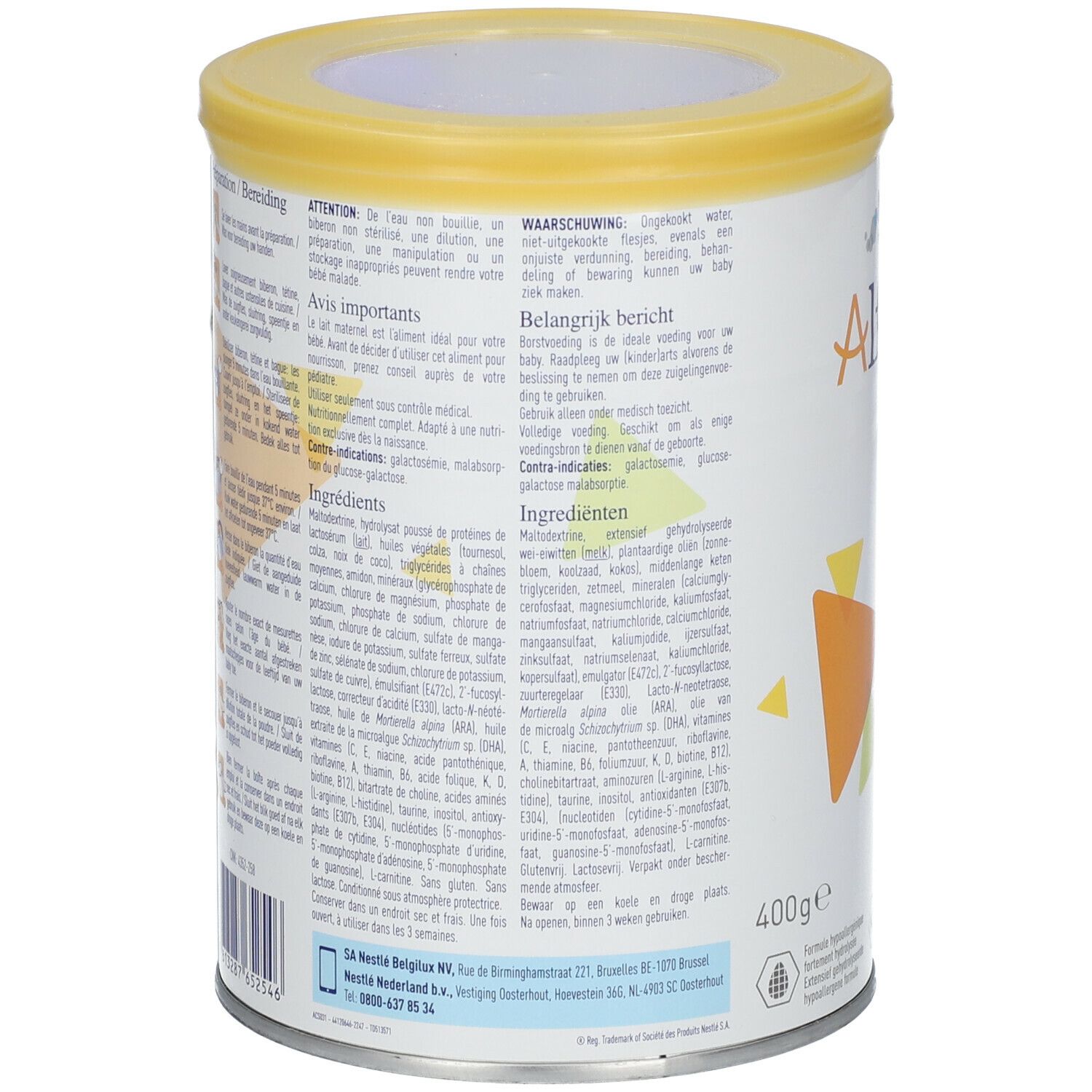 Achterkant van het Alfaré HMO blik. Meertalige tekst. Gele deksel. 400g. Waarschuwingen en ingrediënten.