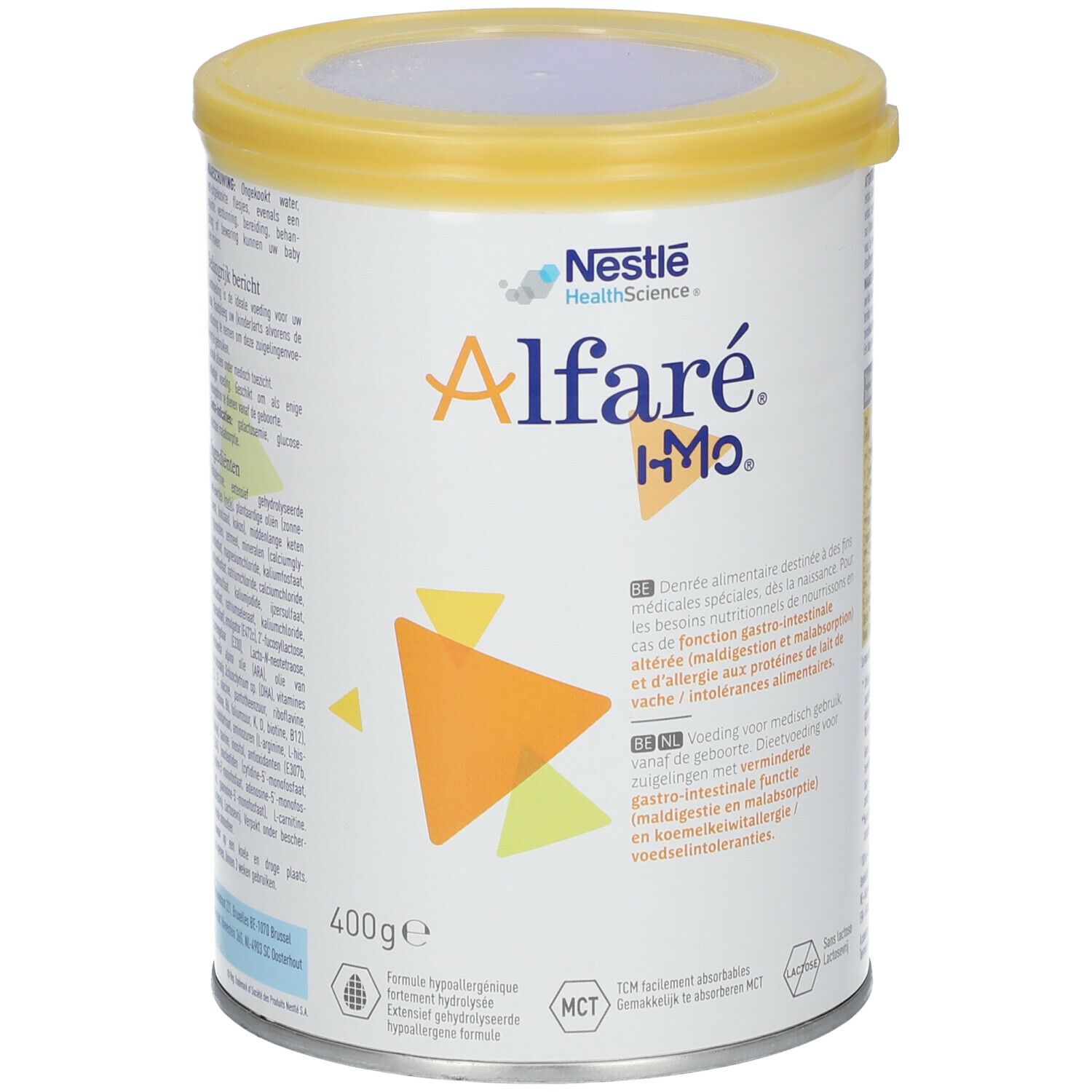 Blik Alfaré HMO, gele deksel, wit blik met tekst en logo. 400g. Voor medisch gebruik.
