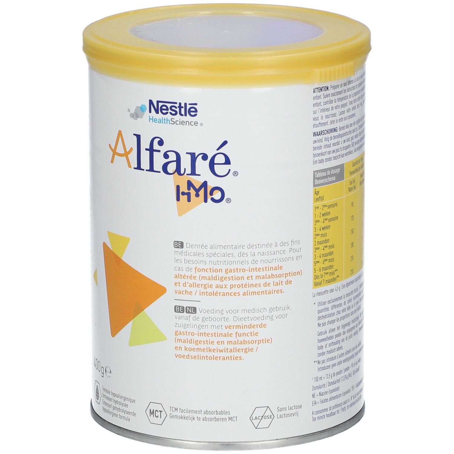 Blik Alfaré HMO, gele deksel, wit blik met tekst en logo. 400g. Voor medisch gebruik.