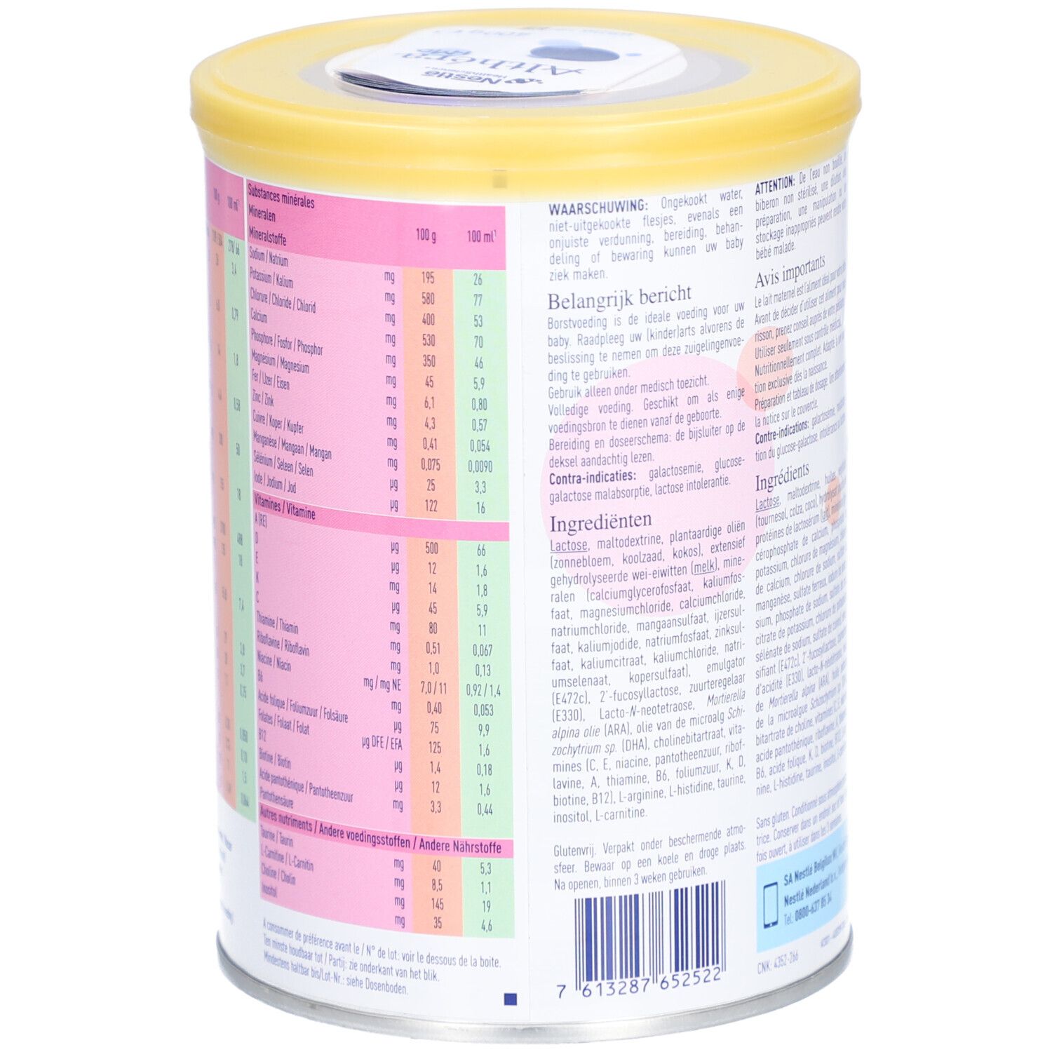 Boîte Althéra HMO, couvercle jaune. Dos avec informations nutritionnelles en tableau. Texte multilingue.