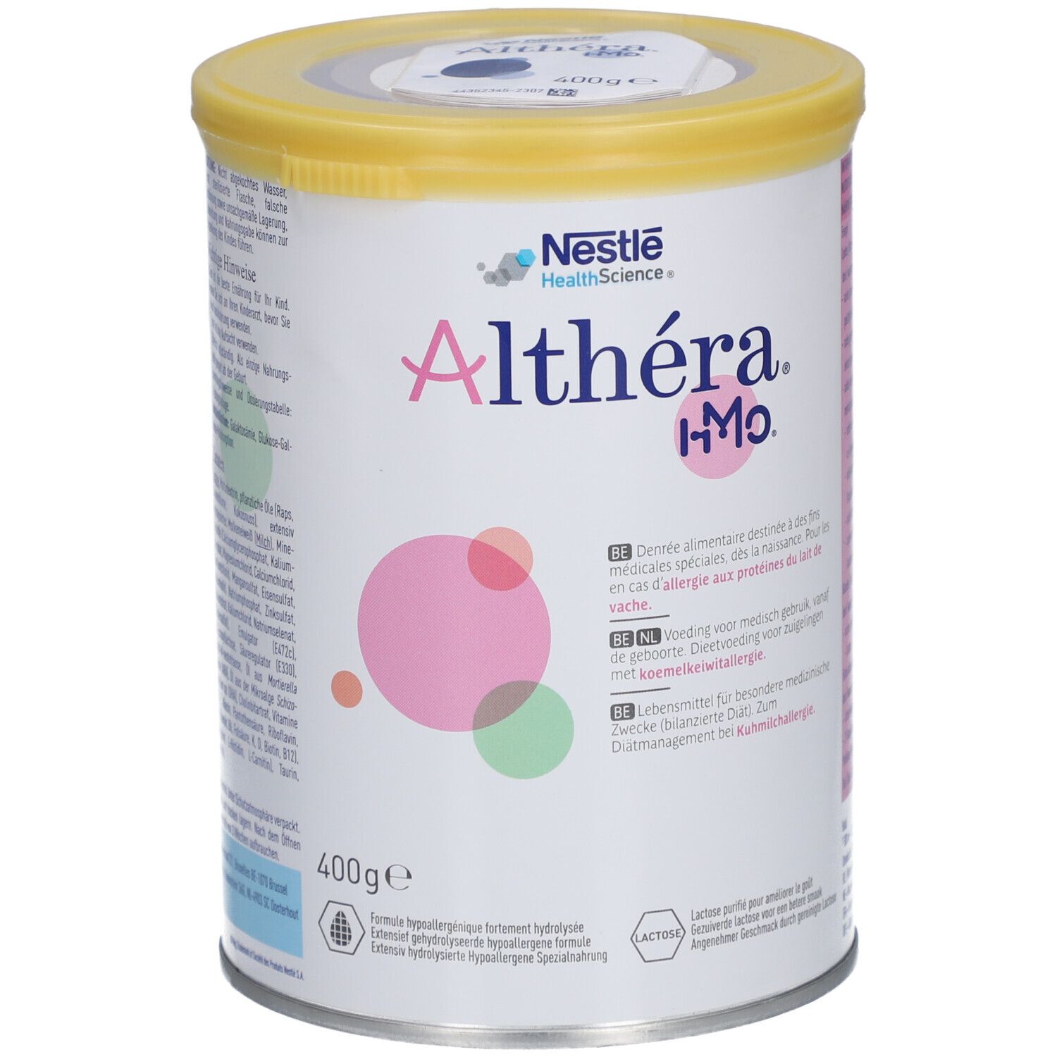 Boîte Althéra HMO, couvercle jaune, cercles roses et verts. Texte: Nestlé Health Science, 400g, à des fins médicales spéciales.