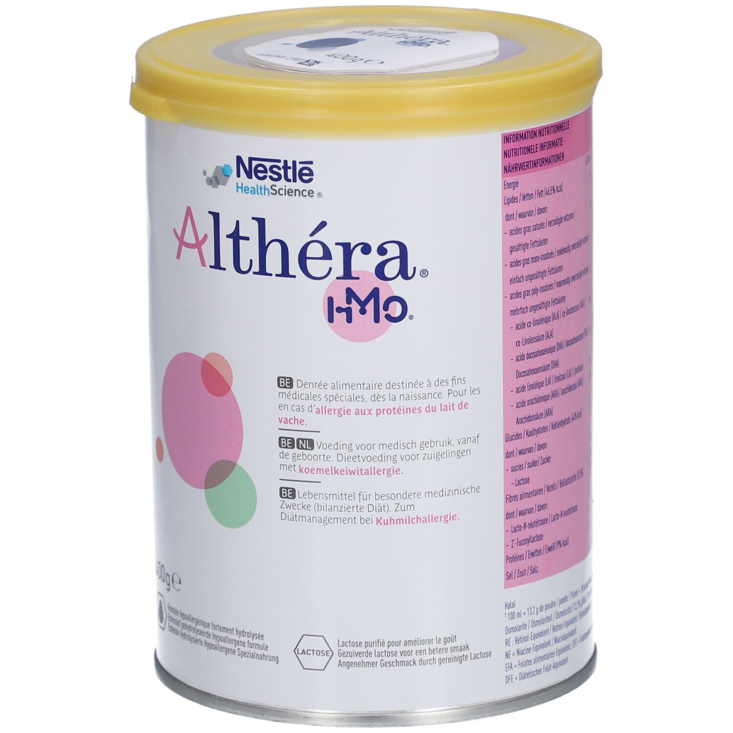 Boîte Althéra HMO, couvercle jaune, fond rose. Texte: Nestlé Health Science, 400g, à des fins médicales spéciales.
