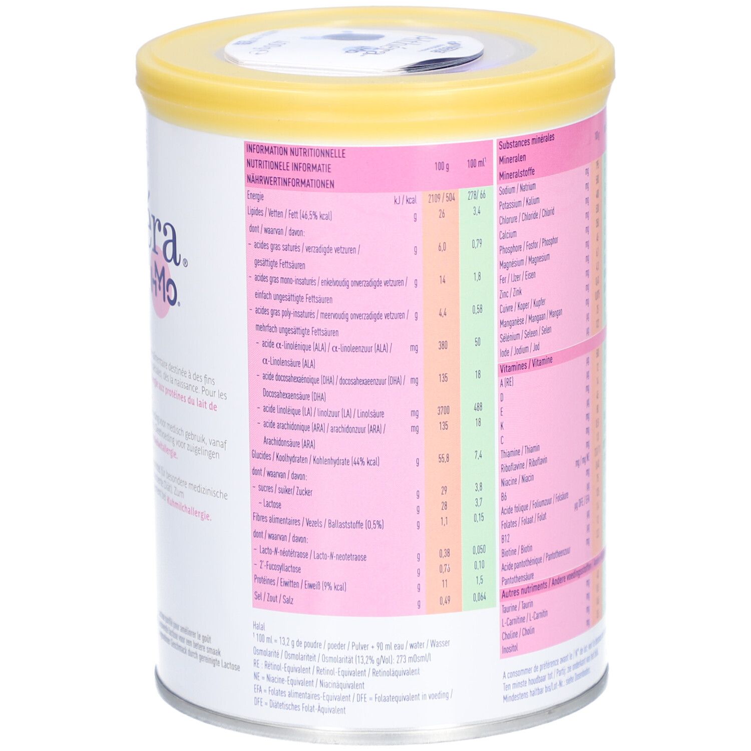 Boîte Althéra HMO, couvercle jaune. Dos avec informations nutritionnelles en tableau. Texte multilingue.