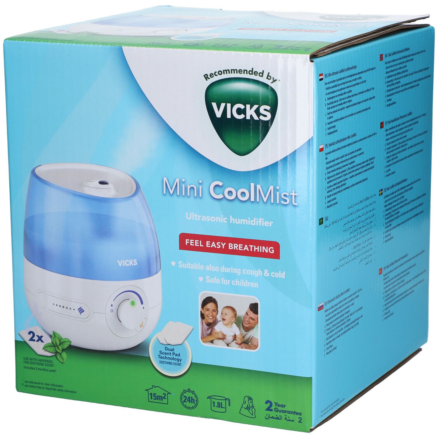 Vicks Mini CoolMist luchtbevochtiger in verpakking. Blauw en wit, groene accenten. Aanbevolen door Vicks. Bevat 2 menthol pads.
