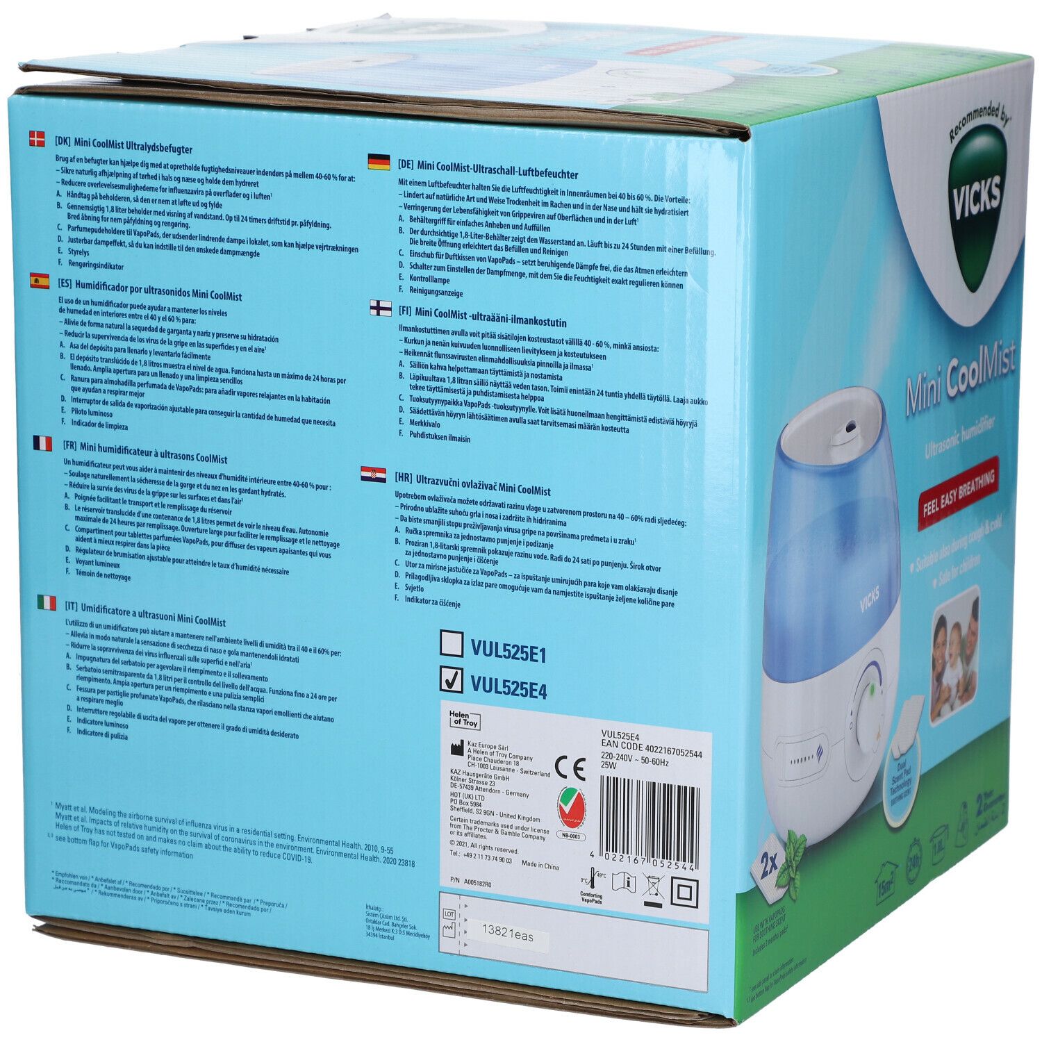 Achterkant van de Vicks Mini CoolMist verpakking. Meertalige teksten, productafbeelding. Vicks logo. Informatie over ingrediënten en gebruik.