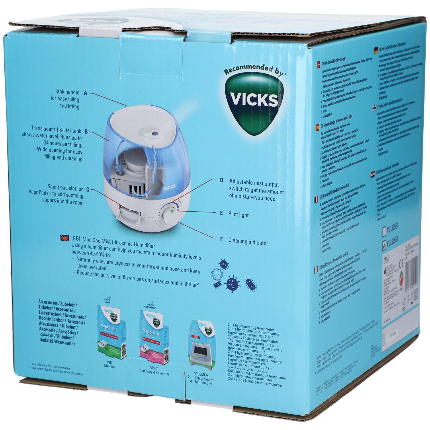 Detail van de Vicks Mini CoolMist verpakking. Productafbeelding met labels. Informatie over werking en accessoires.