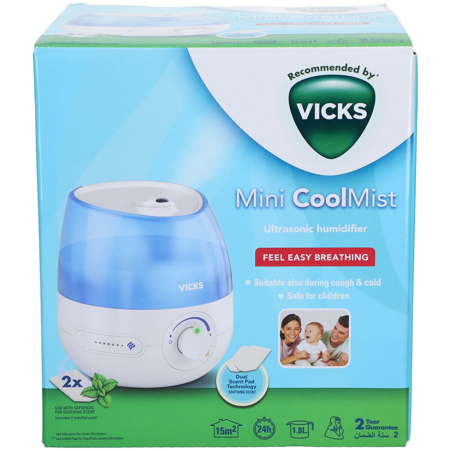 Vicks Mini CoolMist luchtbevochtiger in verpakking. Blauw en wit, groene accenten. Aanbevolen door Vicks. Bevat 2 menthol pads.
