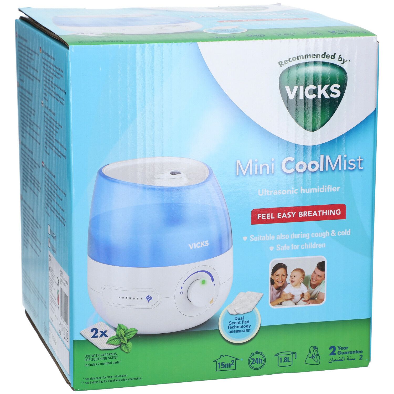 Vicks Mini CoolMist luchtbevochtiger in verpakking. Blauw en wit, groene accenten. Aanbevolen door Vicks. Bevat 2 menthol pads.