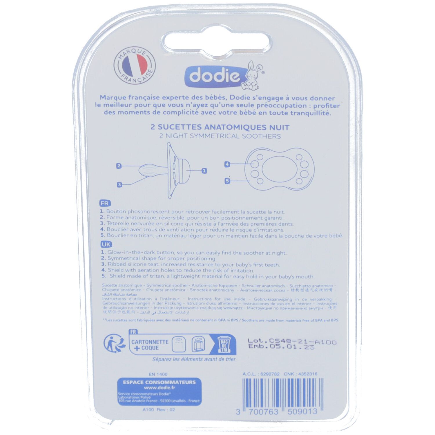 Rückseite der Verpackung mit Produktinformationen und Illustrationen. Marke Dodie, 2 anatomische Nachtschnuller.