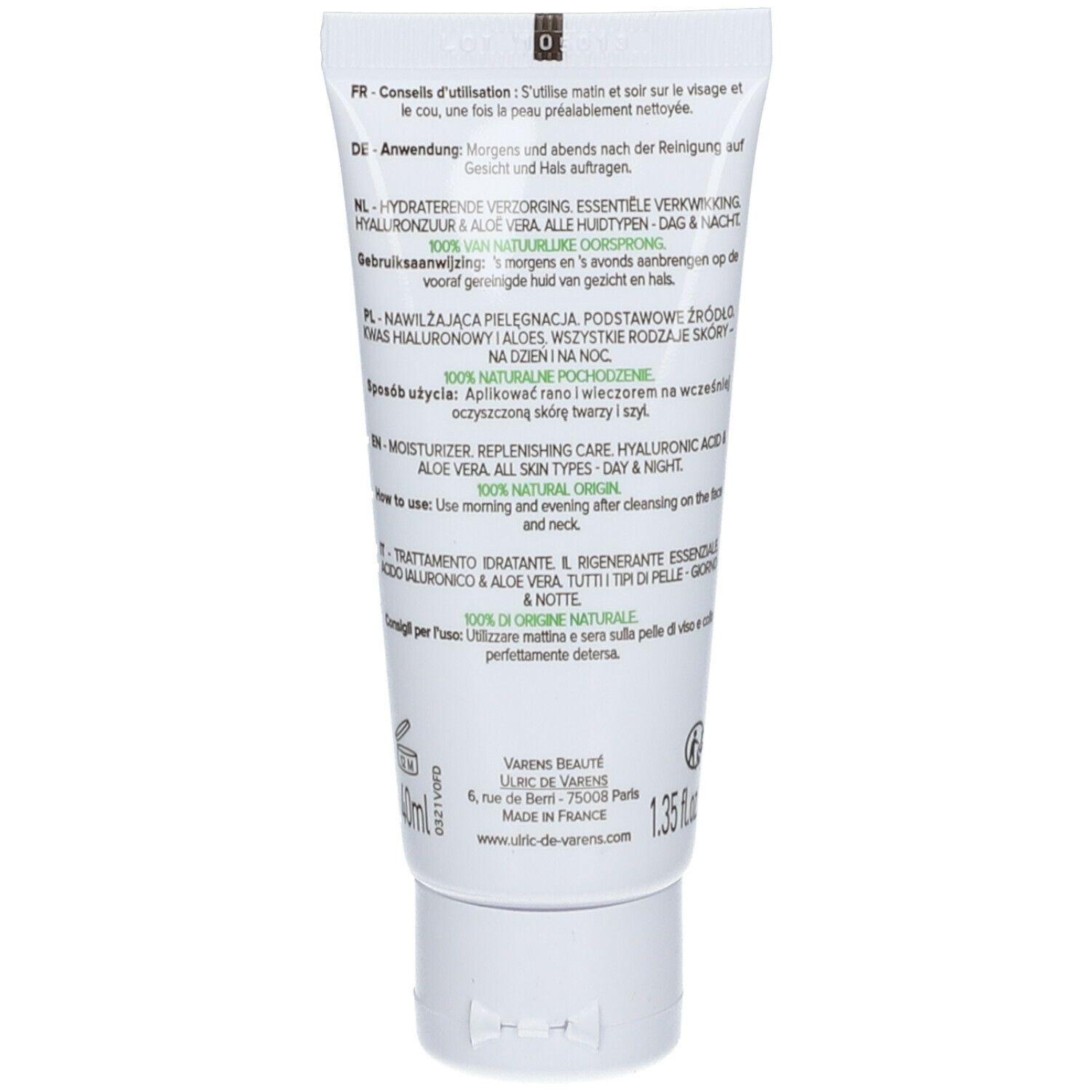 Achterkant witte tube. Meertalige tekst: Gebruiksaanwijzing, ingrediënten, hoe te gebruiken. Varens Beaute logo.
