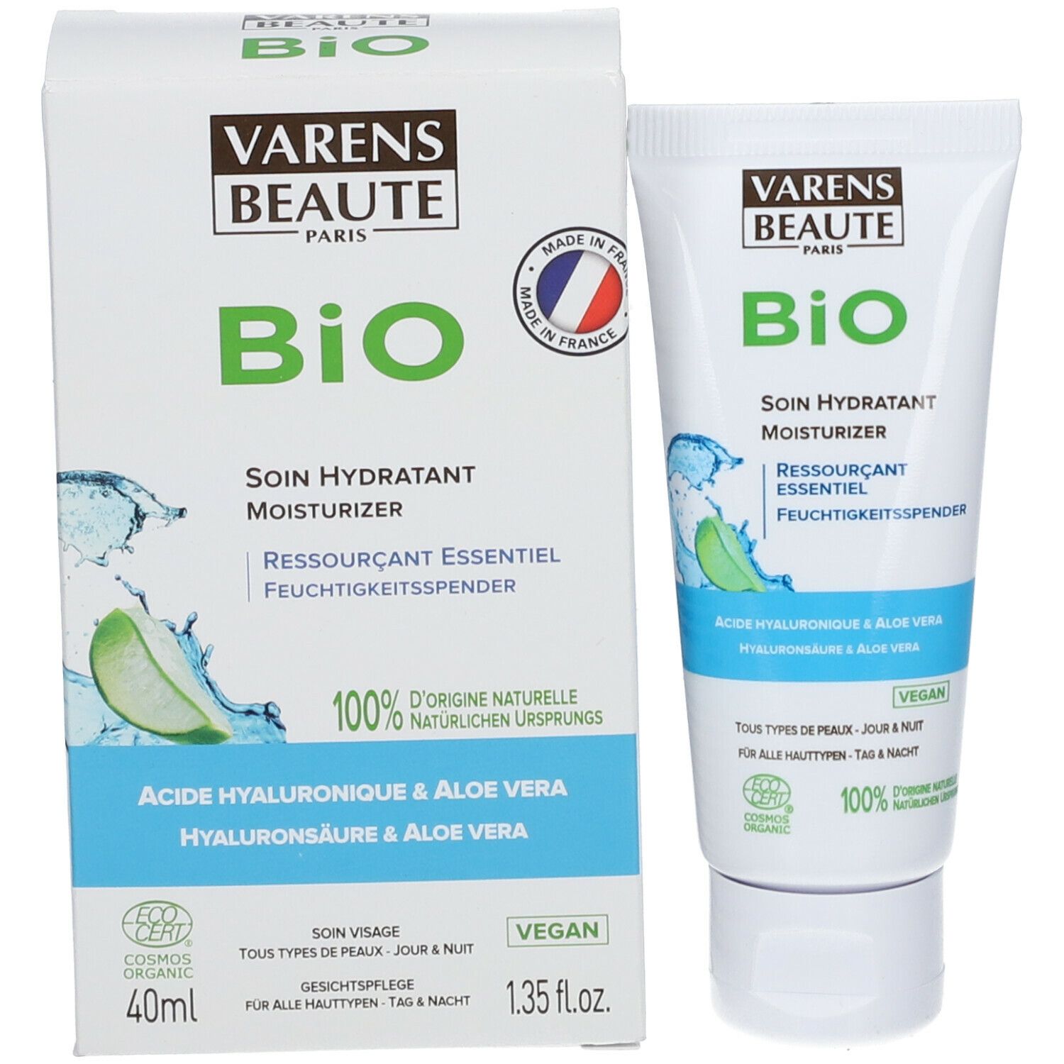 Verpakking en tube. Verpakking: wit, Varens Beaute, Bio, Moisturizer. Tube: wit, zelfde ontwerp.