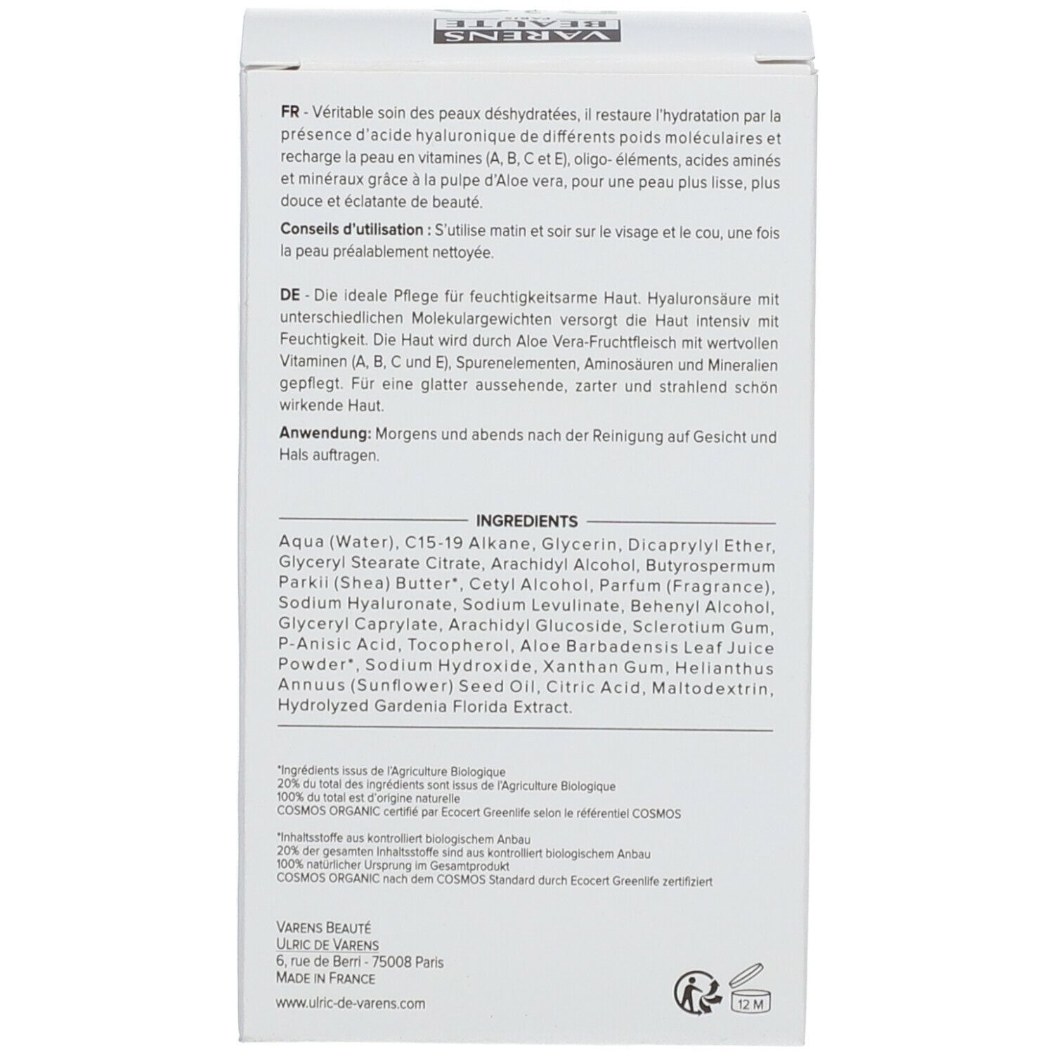 Achterkant verpakking. Tekst: Ingrediënten, certificeringen, fabrikantinfo. Varens Beaute logo.