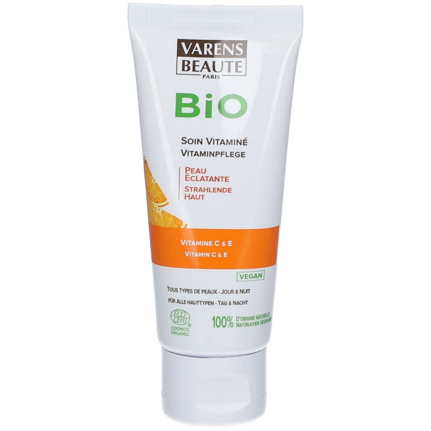 Tube blanc et orange "VARENS BEAUTE" et "Bio". Contient Vitamine C & E. Vegan. Pour tous types de peaux.