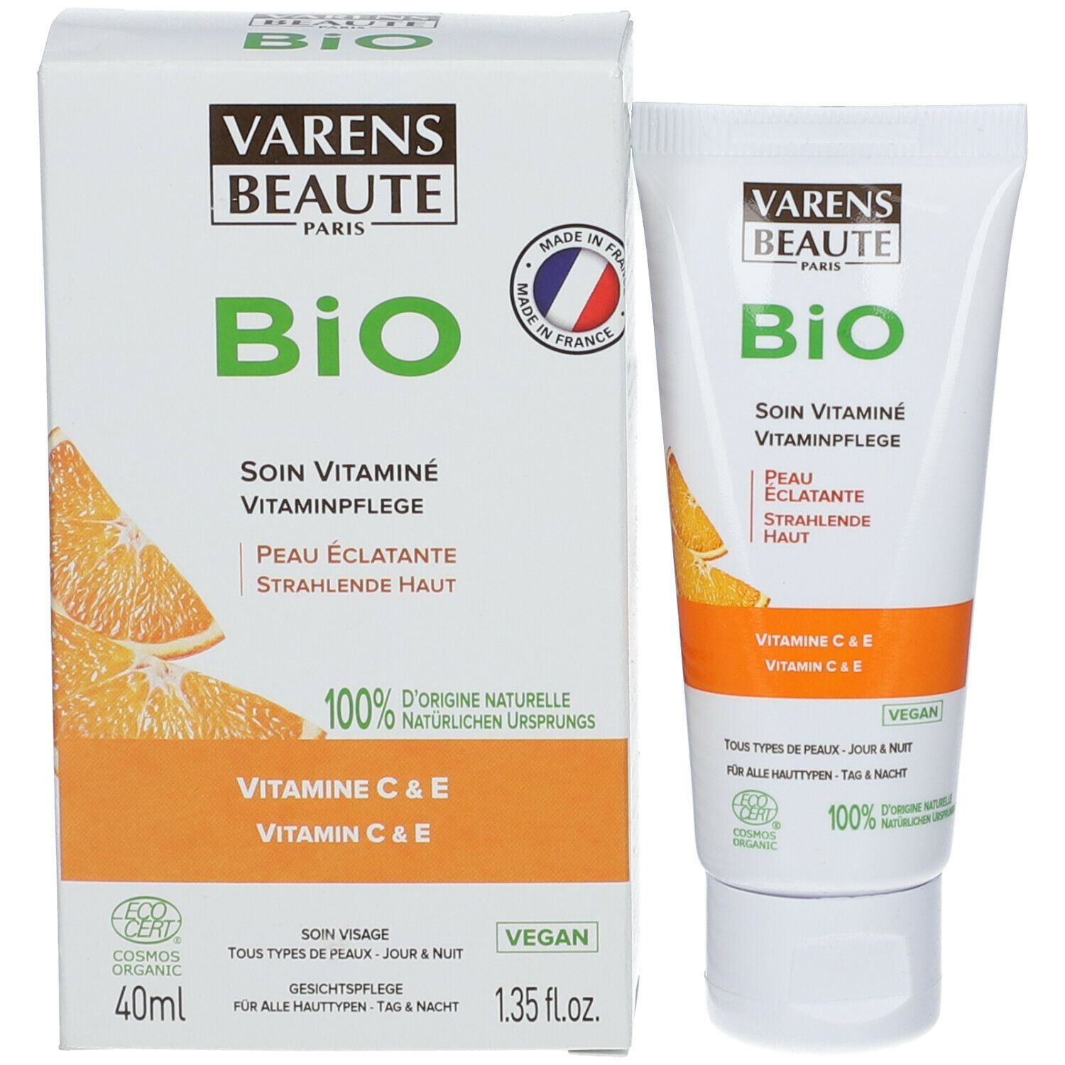 Emballage produit avec tube et boîte. "VARENS BEAUTE" et "Bio". Contient Vitamine C & E. Vegan.