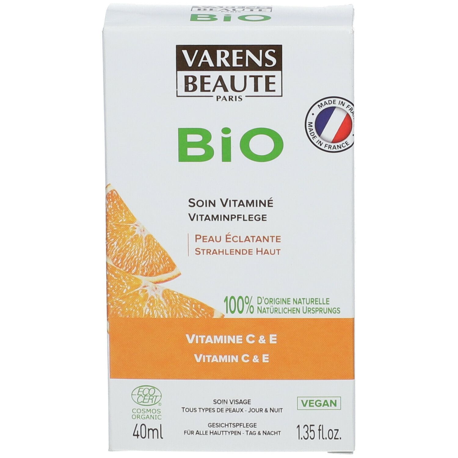 Emballage carton avec "VARENS BEAUTE" et "Bio". Contient Vitamine C & E. Vegan. 40ml.