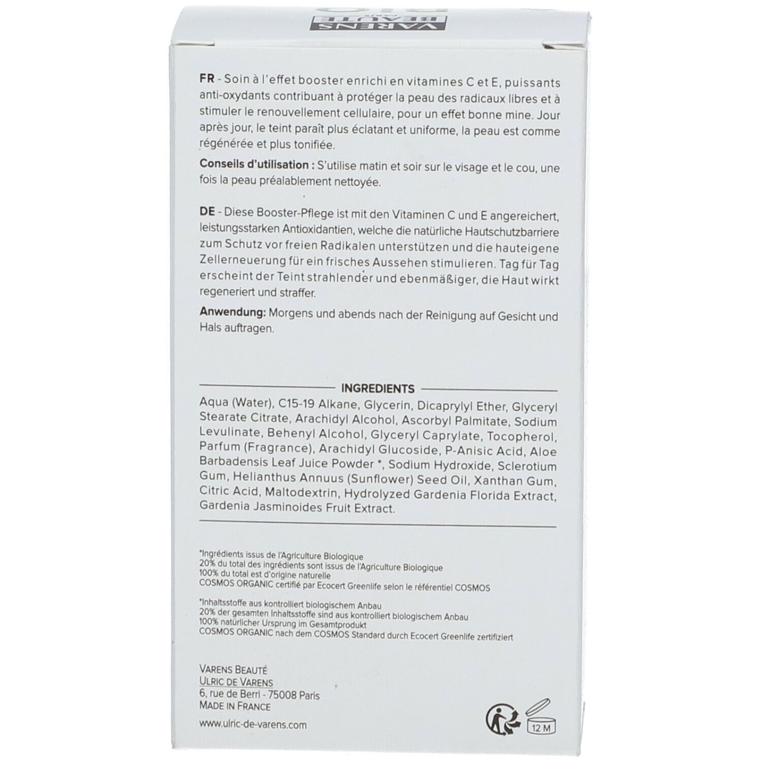 Dos de l'emballage carton. Texte multilingue. Contient ingrédients et certifications.