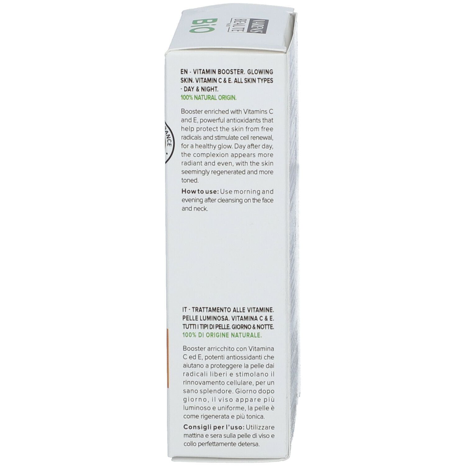 Vue latérale de l'emballage carton. Texte multilingue. Contient instructions et ingrédients.