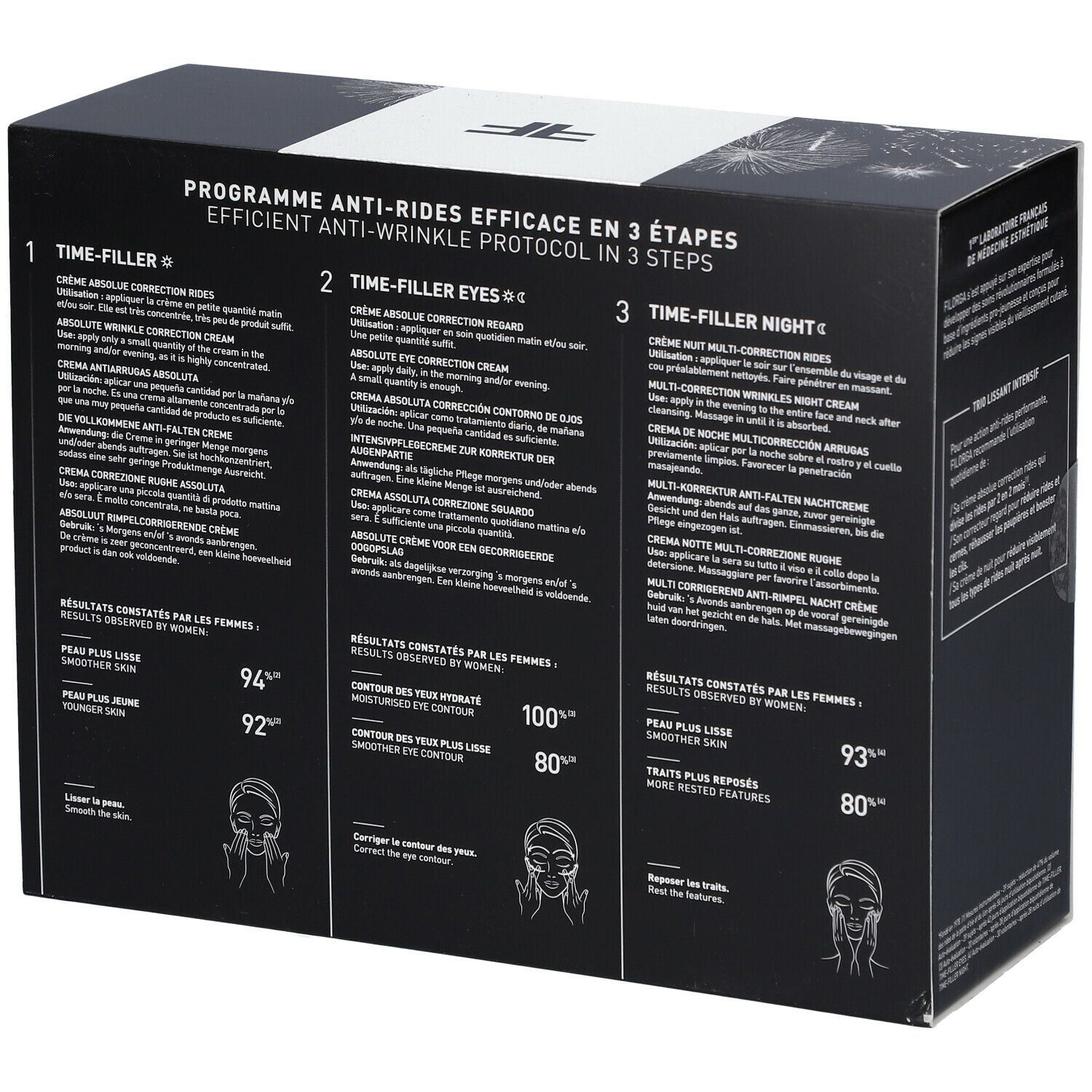 Rückseite der Verpackung mit Text in mehreren Sprachen. Enthält Informationen zu den Produkten und Ergebnisse.
