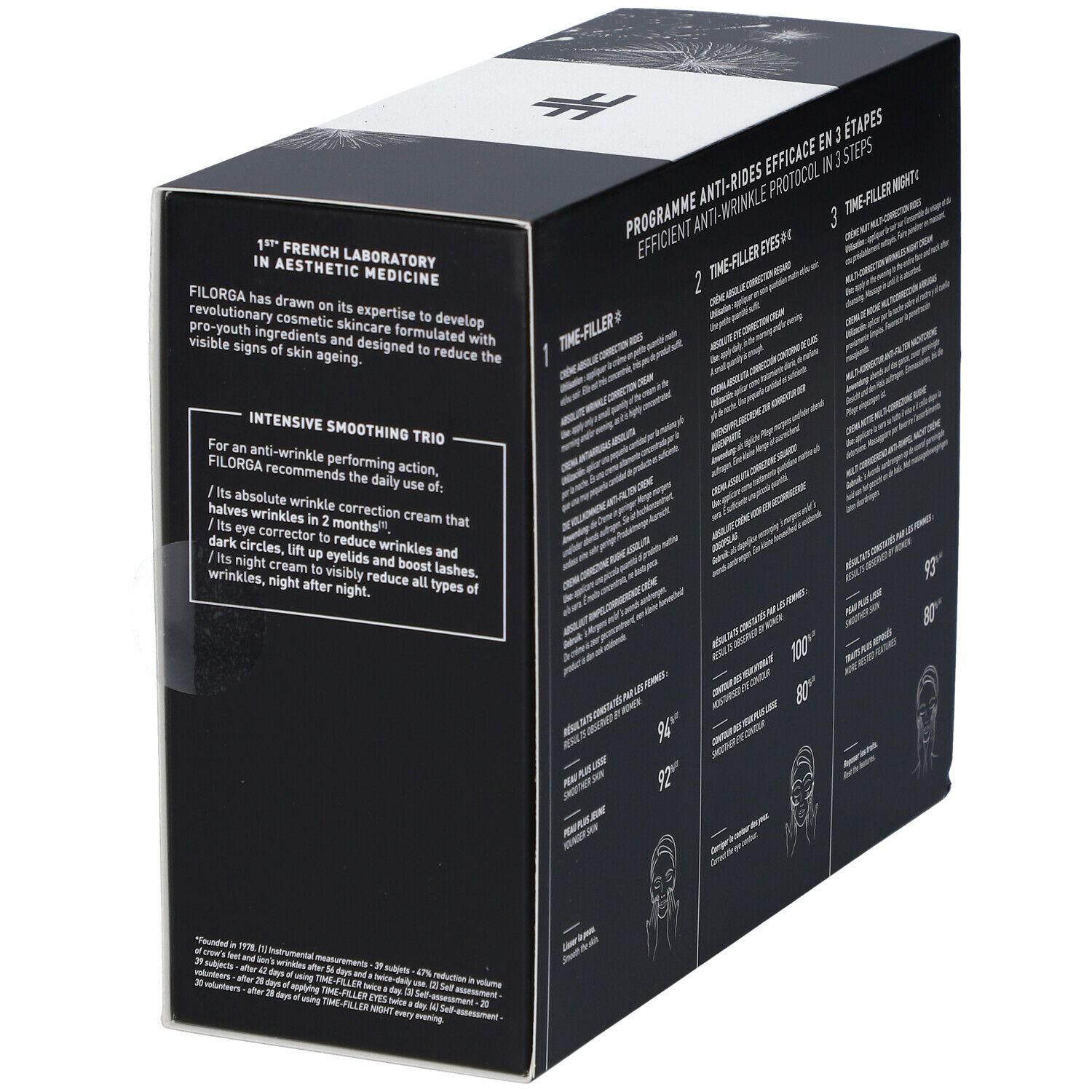 Schwarze Verpackung mit Text in mehreren Sprachen. Enthält Informationen zu den Produkten und Ergebnisse.