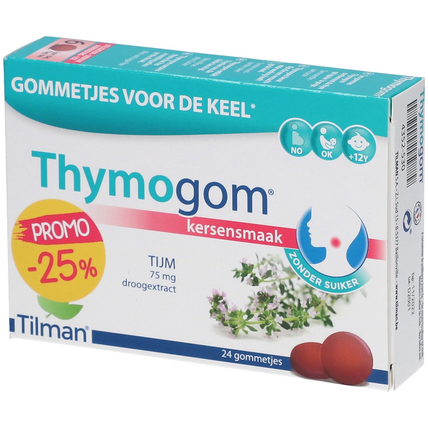 Boîte de gommes Thymogom. Inscription : Promo -25%. Contient 24 gommes. Goût cerise. Sans sucre. Marque Tilman.