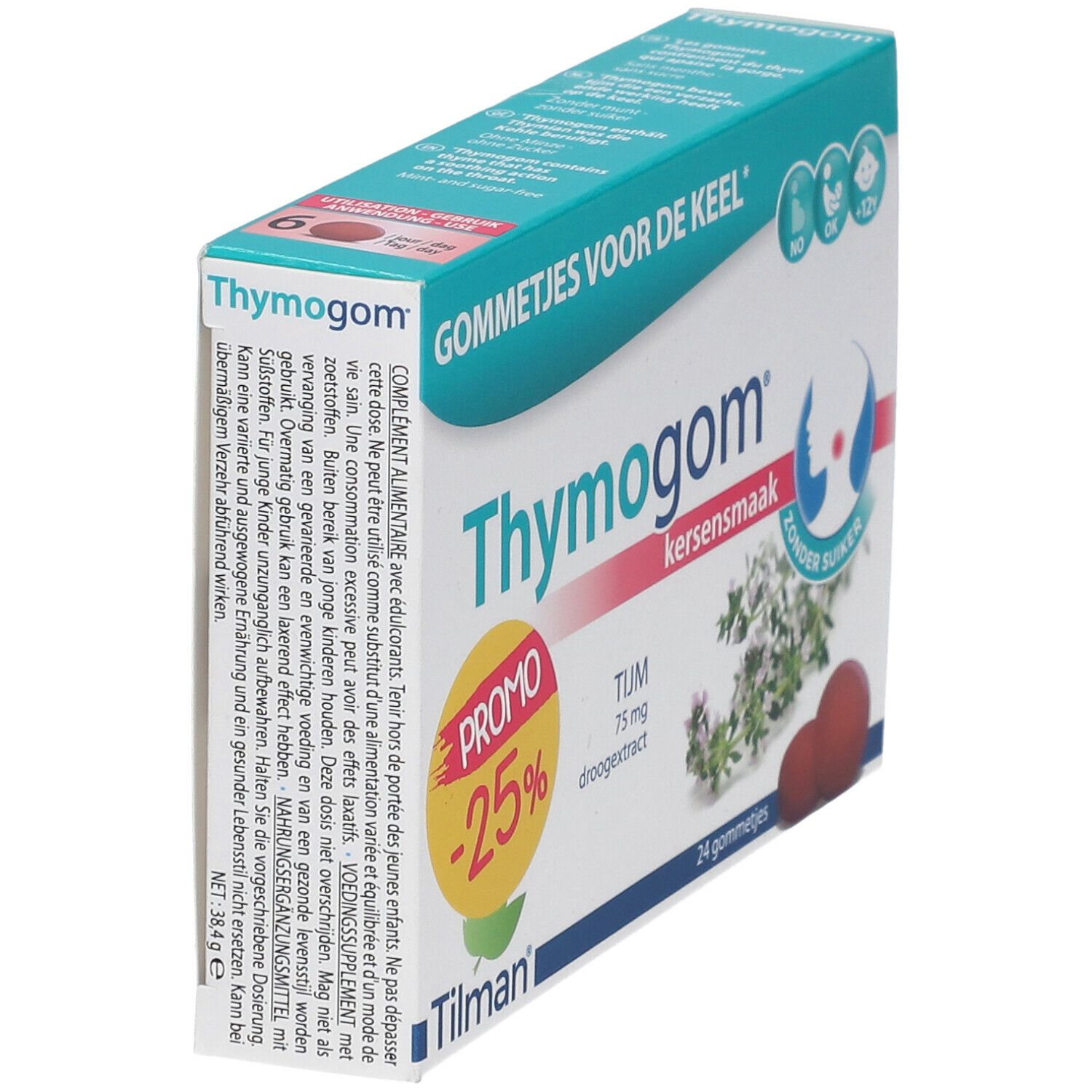 Boîte de gommes Thymogom. Inscription : Promo -25%. Contient 24 gommes. Goût cerise. Sans sucre. Marque Tilman.