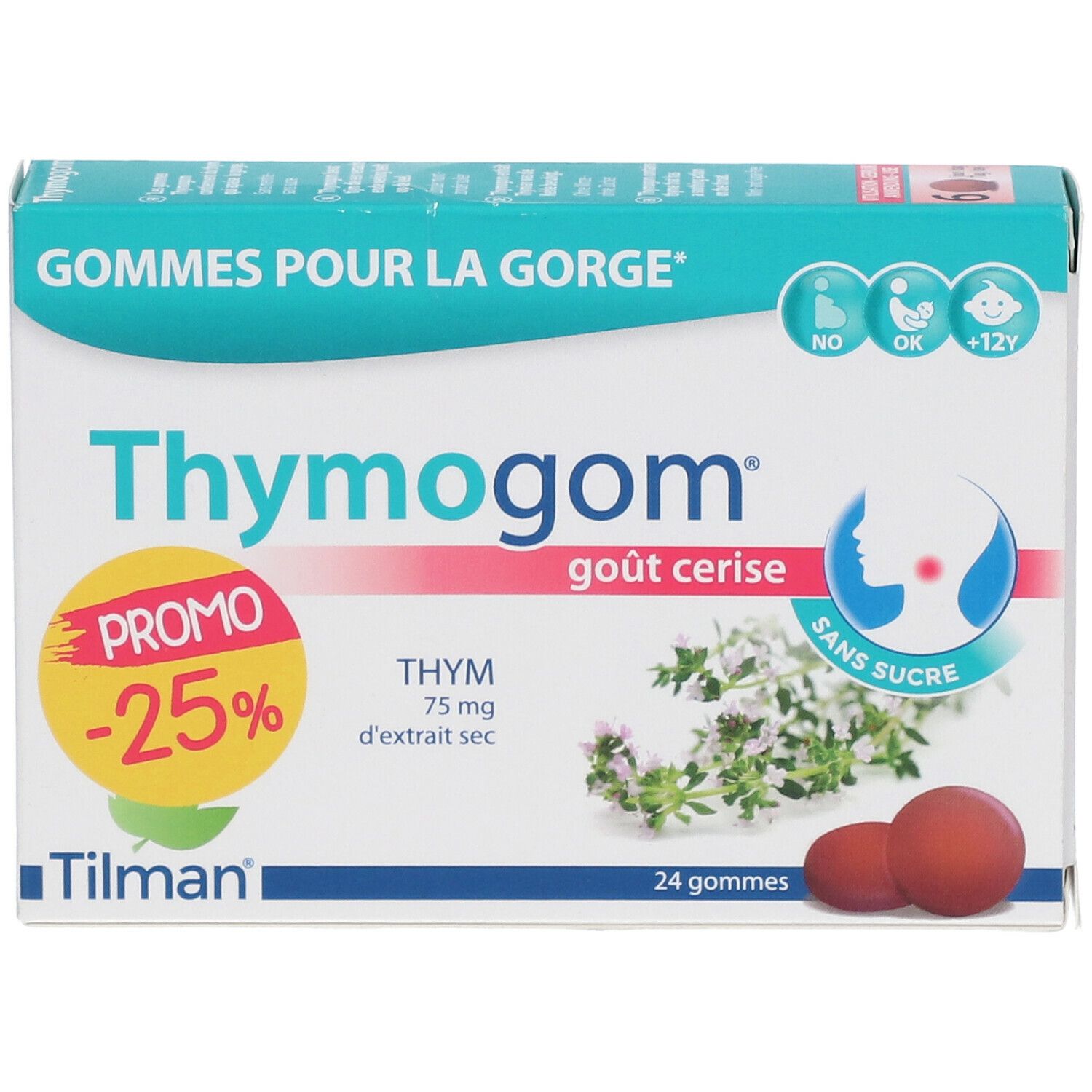 Boîte de gommes Thymogom. Inscription : Promo -25%. Contient 24 gommes. Goût cerise. Sans sucre. Marque Tilman.