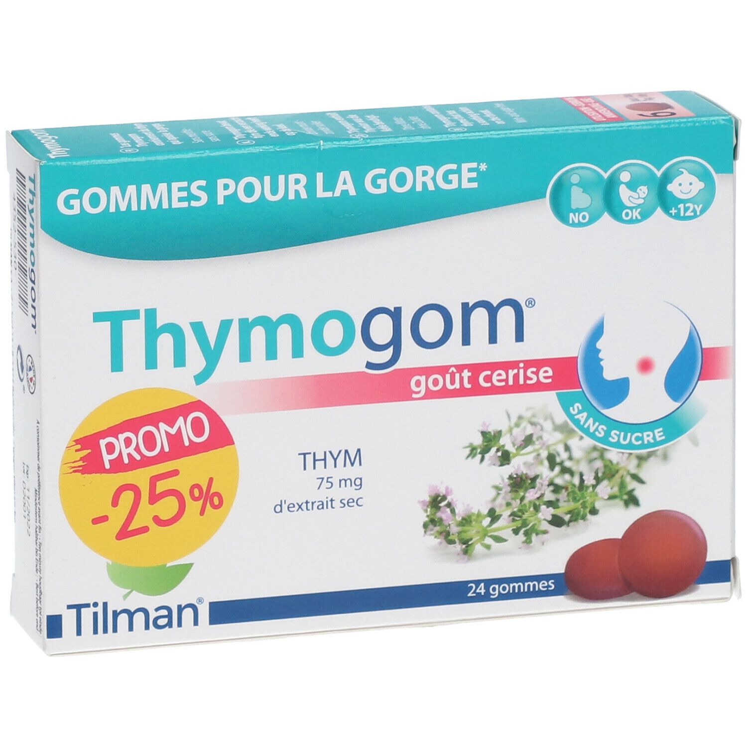 Boîte de gommes Thymogom. Inscription : Promo -25%. Contient 24 gommes. Goût cerise. Sans sucre. Marque Tilman.